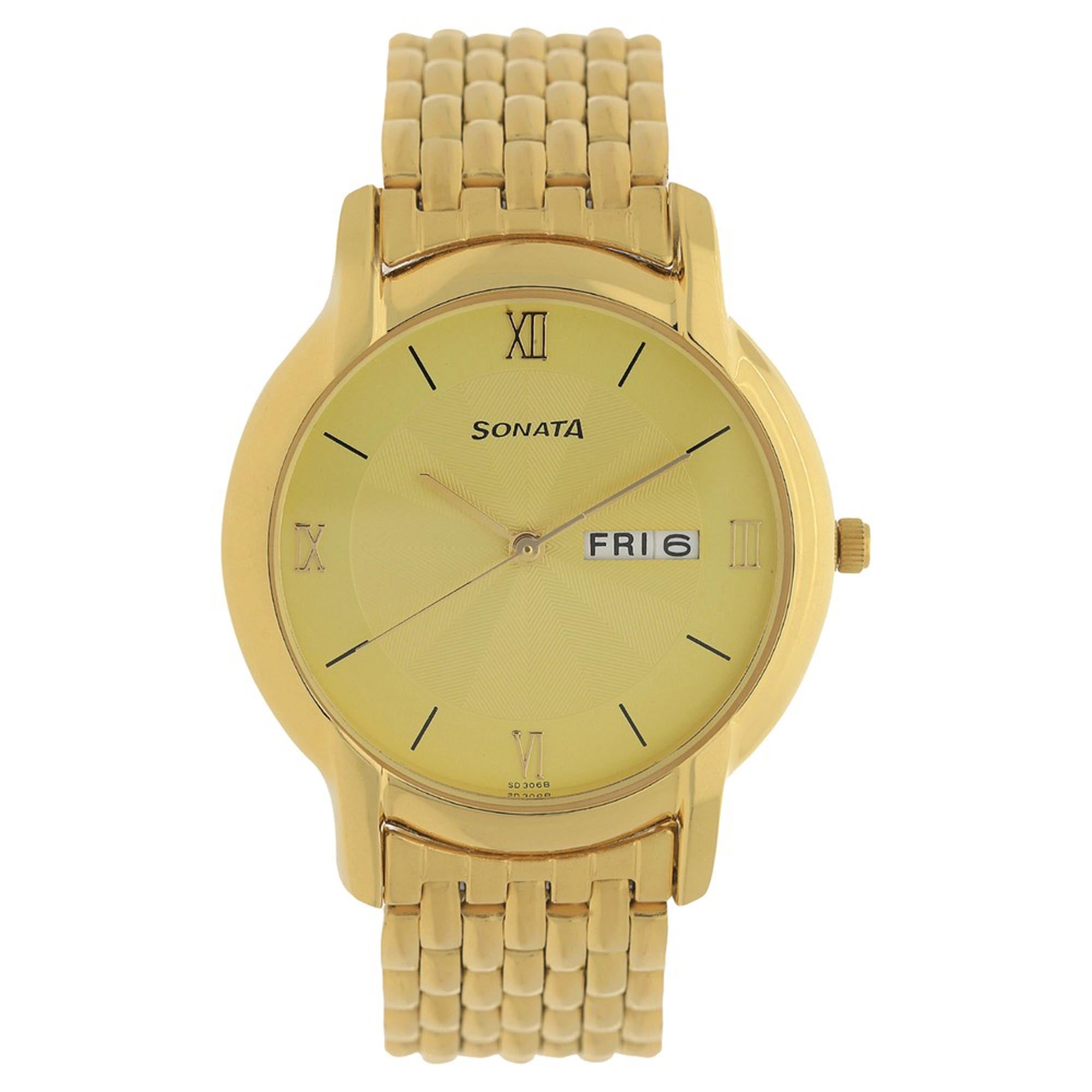 Sonata Quartz Analog with Day and Date Champagne Dial Metal Strap Watch for Men