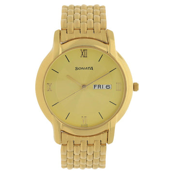 Sonata Quartz Analog with Day and Date Champagne Dial Metal Strap Watch for Men