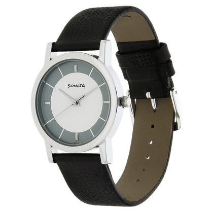 Sonata Quartz Analog White Dial Leather Strap Watch for Men