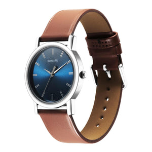 Sonata Classic Quartz Analog Blue Dial Brown Leather Strap Watch for Men
