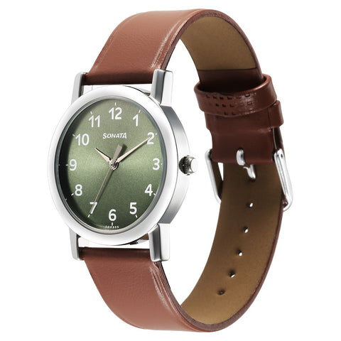 Sonata Classique Quartz Analog Green Dial Brown Leather Strap Watch for Men