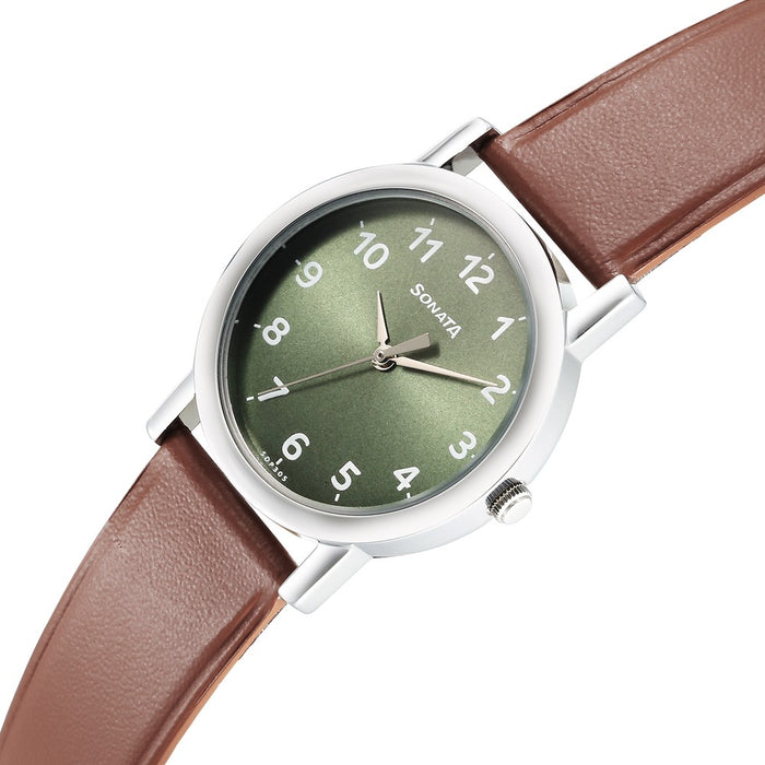 Sonata Classique Quartz Analog Green Dial Brown Leather Strap Watch for Men