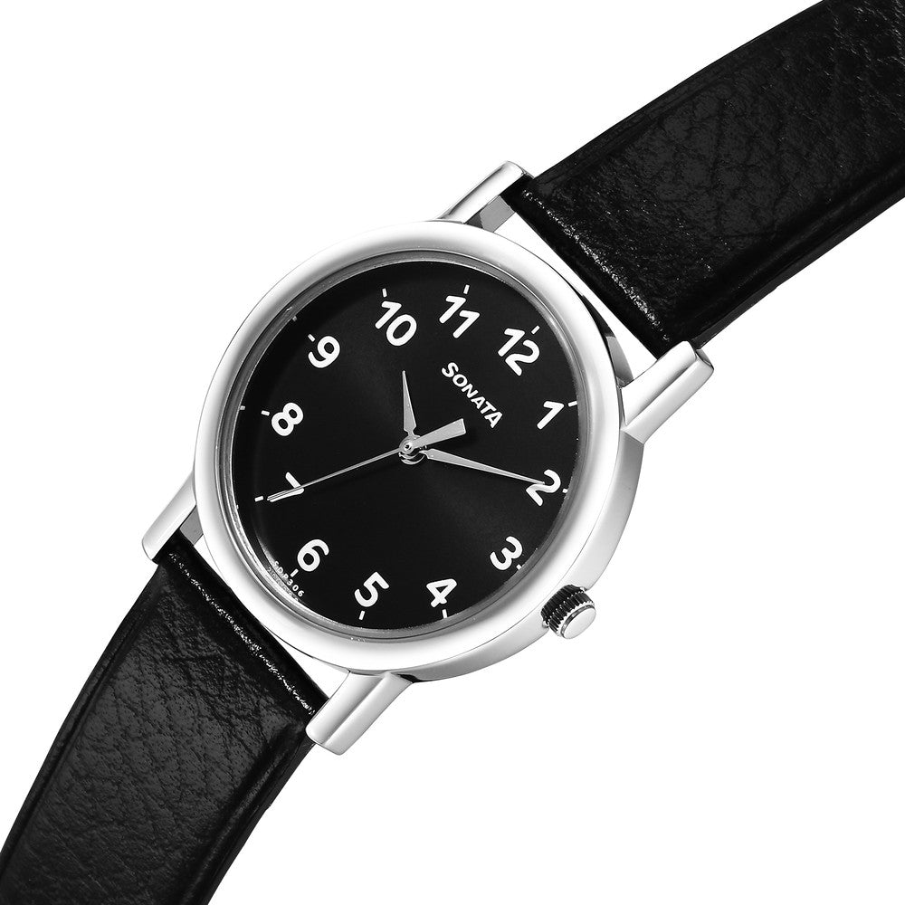 Sonata black leather watch 2025