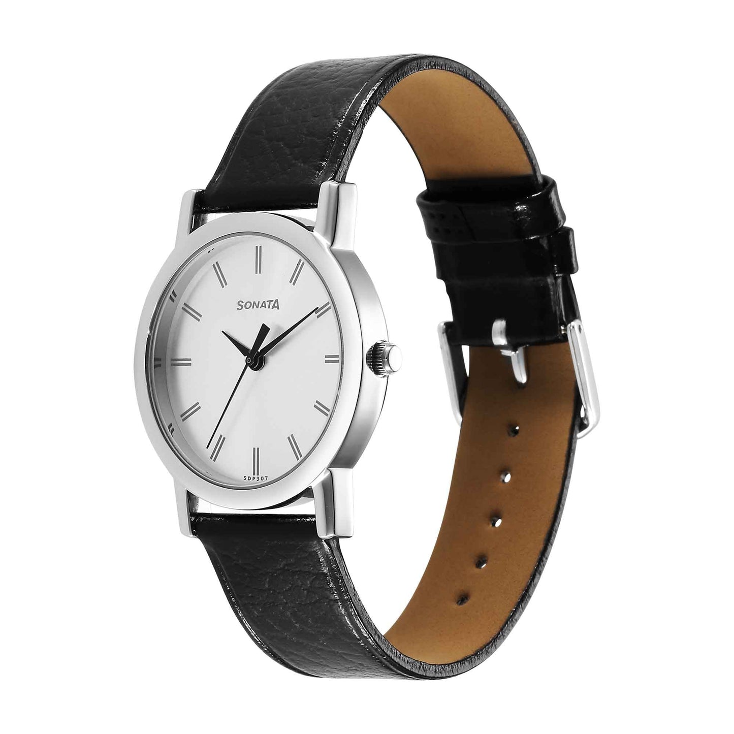 Sonata Classic Quartz Analog Silver Dial Black Leather Strap Watch for Men