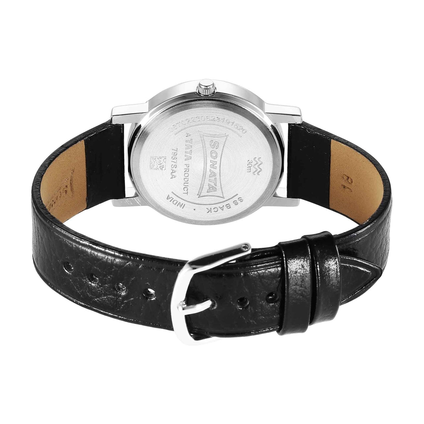 Sonata Classic Quartz Analog Silver Dial Black Leather Strap Watch for Men
