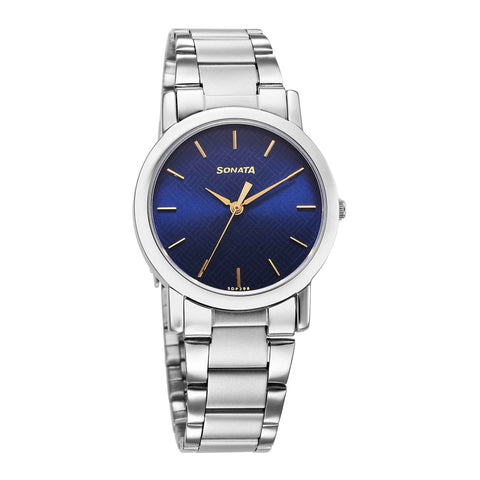 Sonata Classic Quartz Analog Blue Dial Silver Stainless Steel Strap Watch for Men