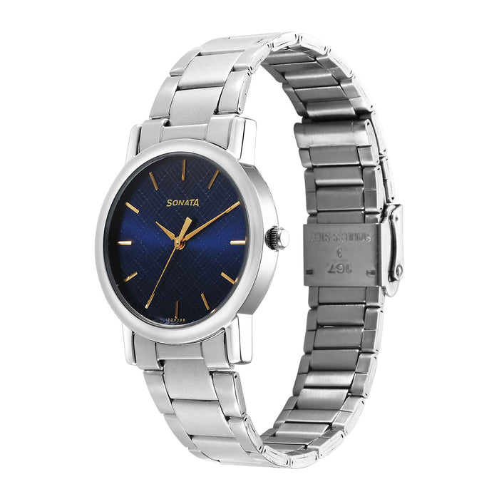 Sonata Classic Quartz Analog Blue Dial Silver Stainless Steel Strap Watch for Men