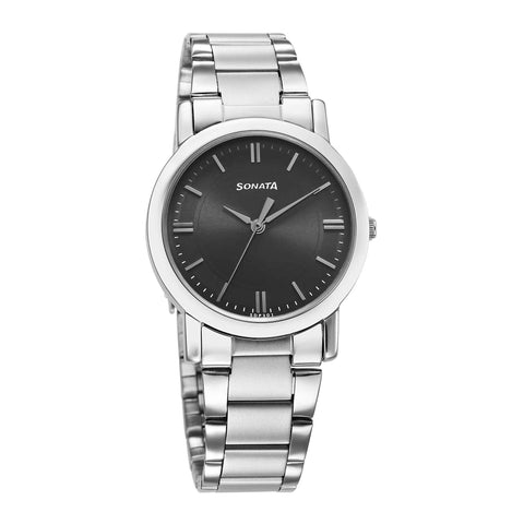 Sonata Classic Quartz Analog Grey Dial Silver Stainless Steel Strap Watch for Men