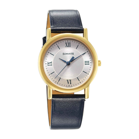 Sonata Classic Quartz Analog Silver Dial Blue Leather Strap Watch for Men