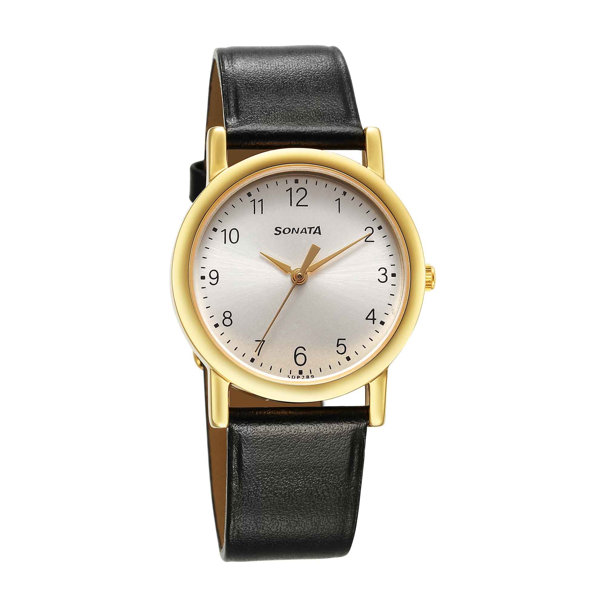 Sonata Classic Quartz Analog Silver Dial Black Leather Strap Watch for Men