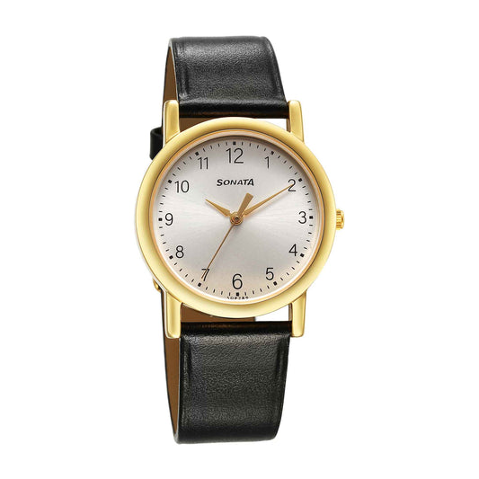Sonata Classic Quartz Analog Silver Dial Black Leather Strap Watch for Men