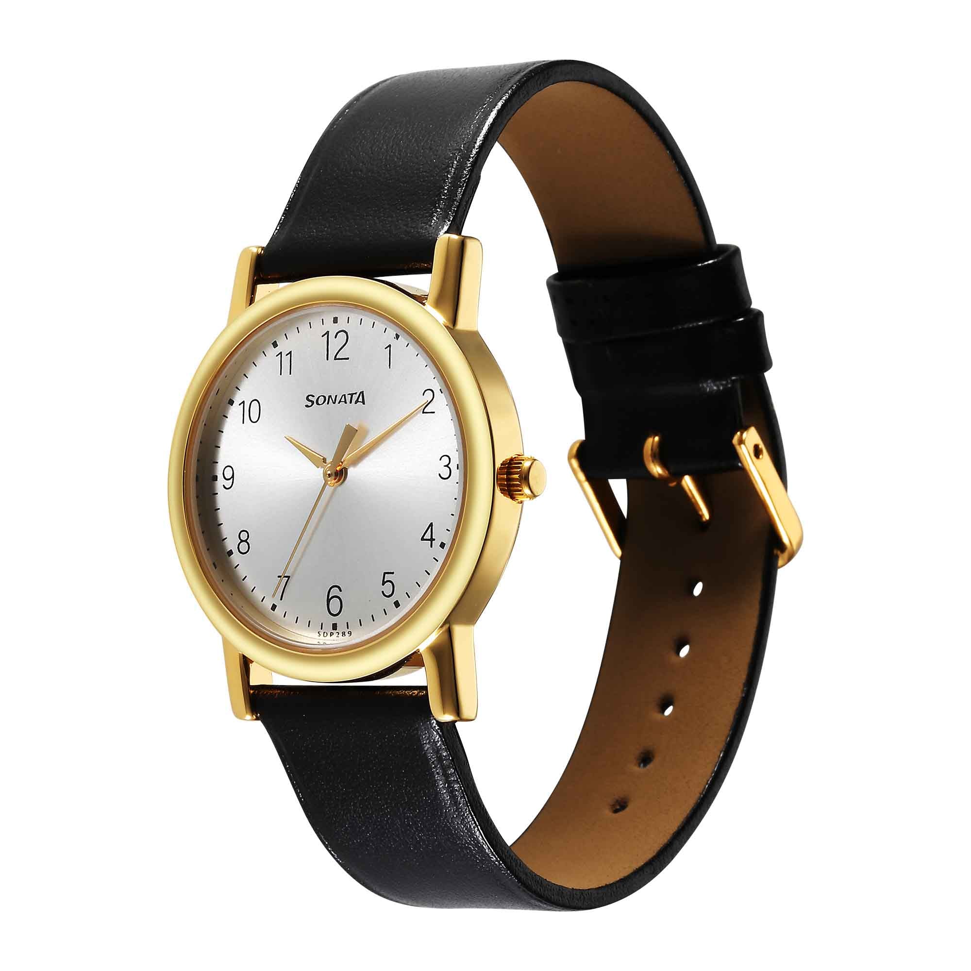 Sonata Classic Quartz Analog Silver Dial Black Leather Strap Watch for Men
