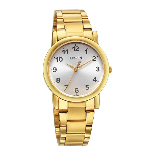 Sonata Classic Quartz Analog Silver Dial Golden Stainless Steel Strap Watch for Men