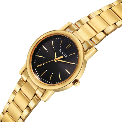 Sonata Classic Quartz Analog Black Dial Golden Stainless Steel Strap Watch for Men