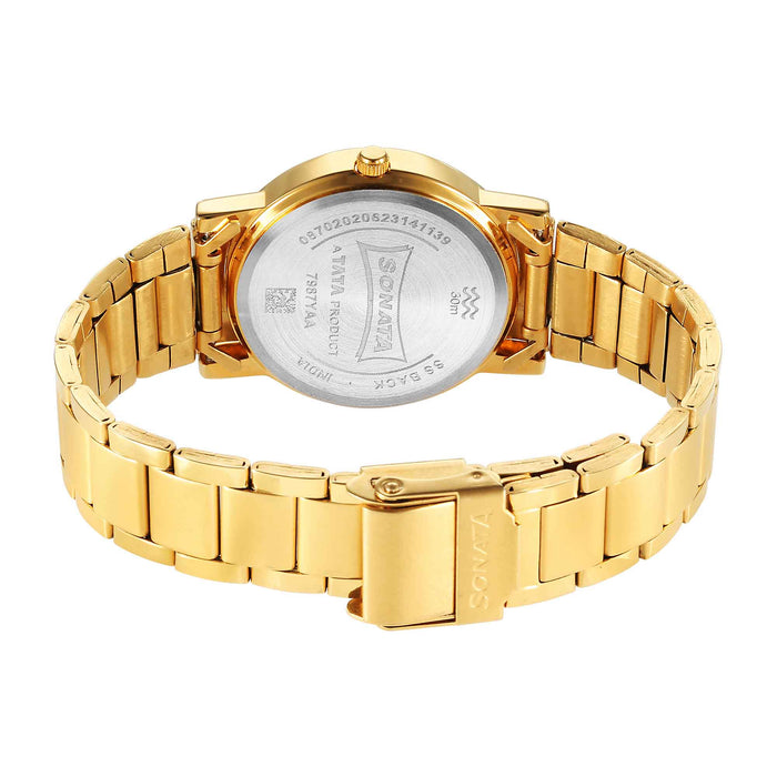 Sonata Classic Quartz Analog Black Dial Golden Stainless Steel Strap Watch for Men