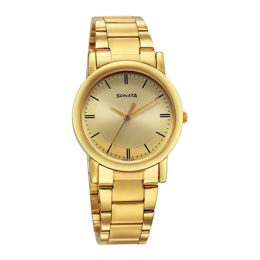 Sonata Classic Quartz Analog Champagne Dial Golden Stainless Steel Strap Watch for Men