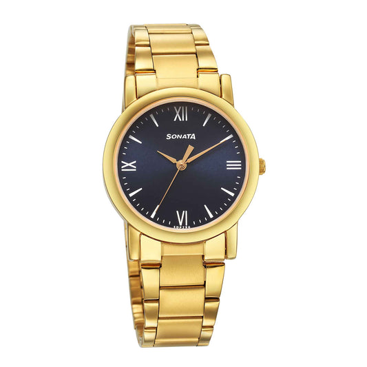 Sonata Classic Quartz Analog Blue Dial Golden Stainless Steel Strap Watch for Men