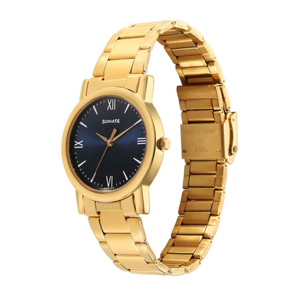 Sonata Classic Quartz Analog Blue Dial Golden Stainless Steel Strap Watch for Men