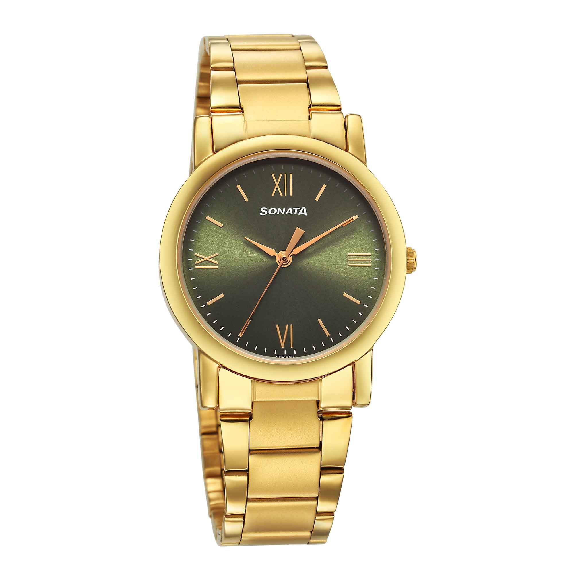 Sonata Classic Quartz Analog Green Dial Golden Stainless Steel Strap Watch for Men