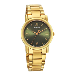 Sonata Classic Quartz Analog Green Dial Golden Stainless Steel Strap Watch for Men