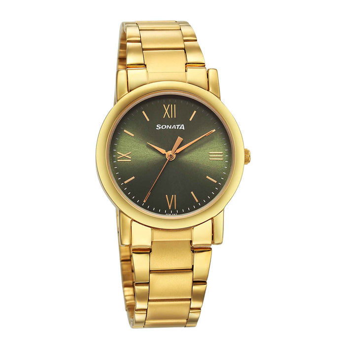 Sonata Classic Quartz Analog Green Dial Golden Stainless Steel Strap Watch for Men