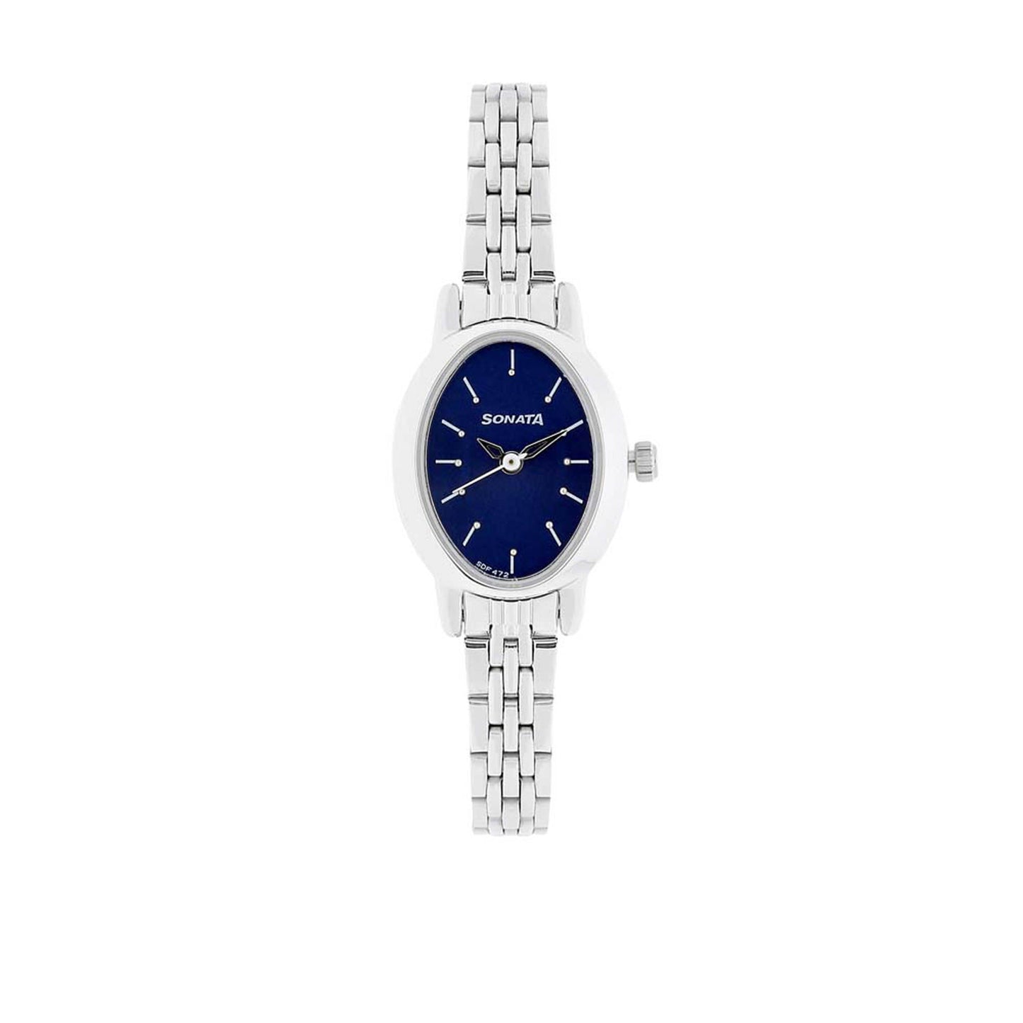 Sonata Blue Oval Dial Silver Metal Strap Analog Watch for Women
