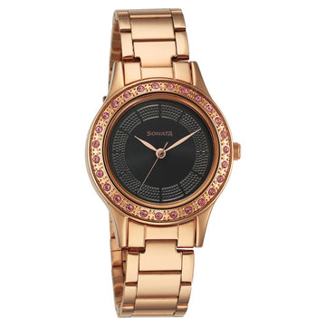 Sonata Black Dial Rose Gold Metal Strap Analog Watch for Women