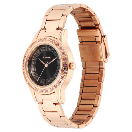 Sonata Black Dial Rose Gold Metal Strap Analog Watch for Women