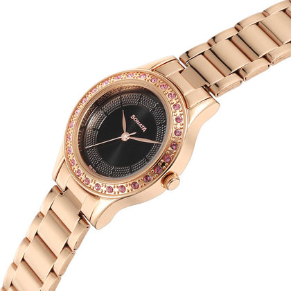 Sonata Black Dial Rose Gold Metal Strap Analog Watch for Women