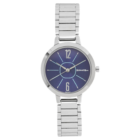 Sonata Steel Daisies Blue Dial Women Watch With Stainless Steel Strap