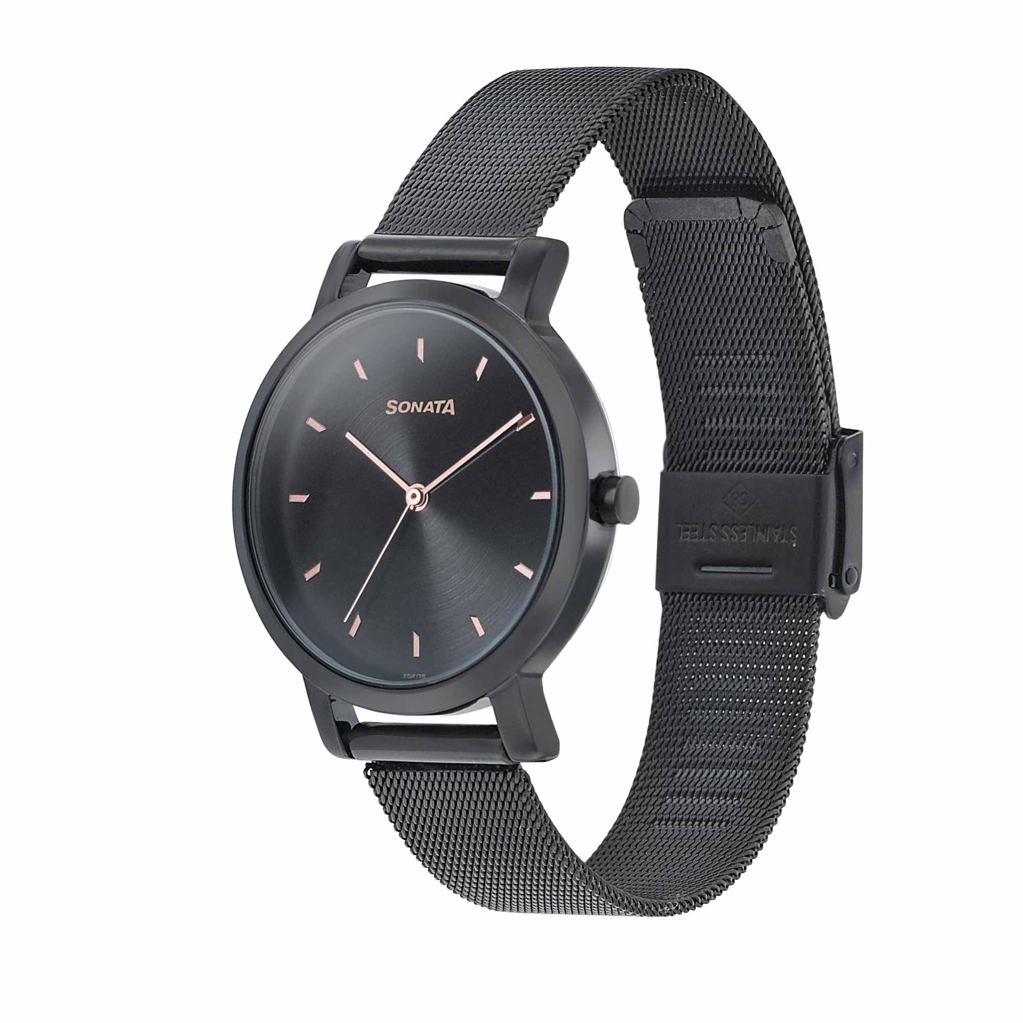 Sonata Onyx Black Dial Women Watch With Stainless Steel Strap