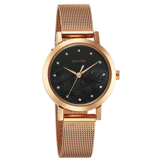 Sonata Quartz Analog Black Stainless Steel Strap for Women