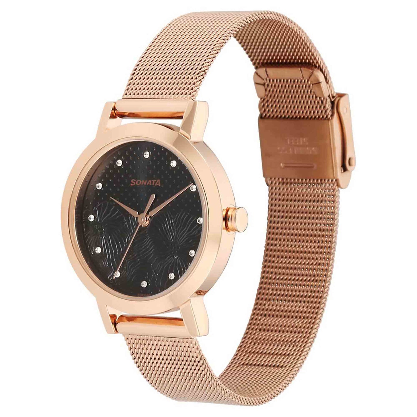 Sonata Quartz Analog Black Stainless Steel Strap for Women