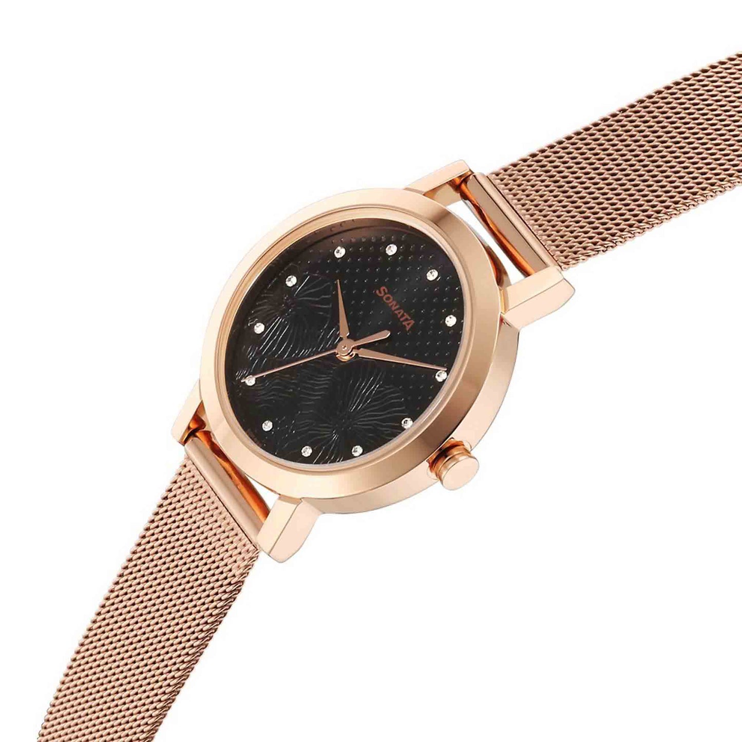 Sonata Quartz Analog Black Stainless Steel Strap for Women