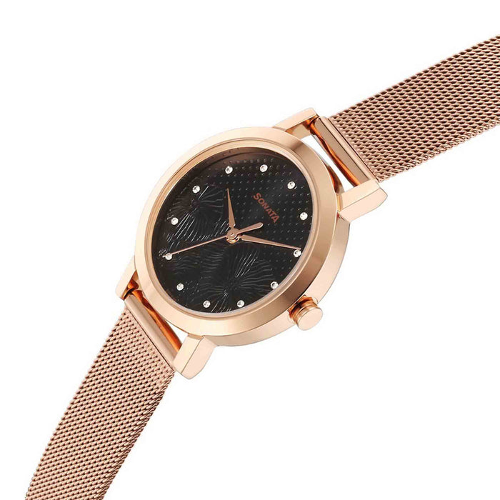 Sonata Quartz Analog Black Stainless Steel Strap for Women
