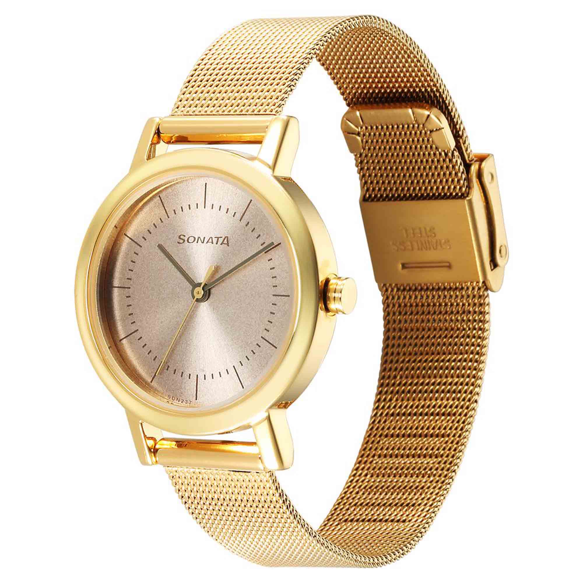 Ladies Essentials Beige Dial Stainless Steel Strap Watch for Women
