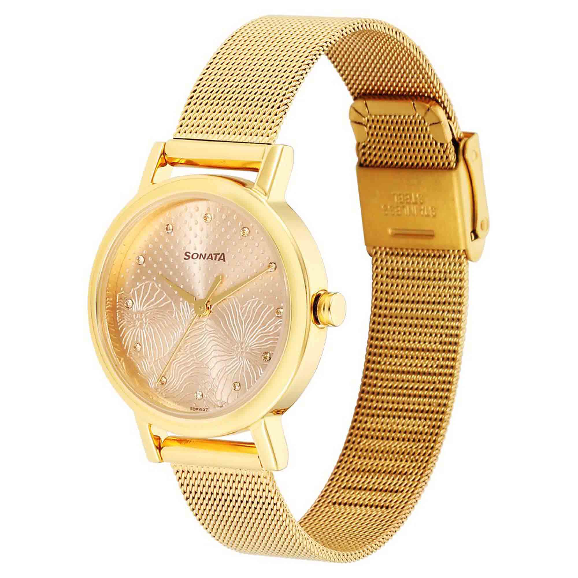 Sonata Quartz Analog Rose Gold Stainless Steel Strap for Women