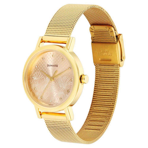 Sonata Quartz Analog Rose Gold Stainless Steel Strap for Women