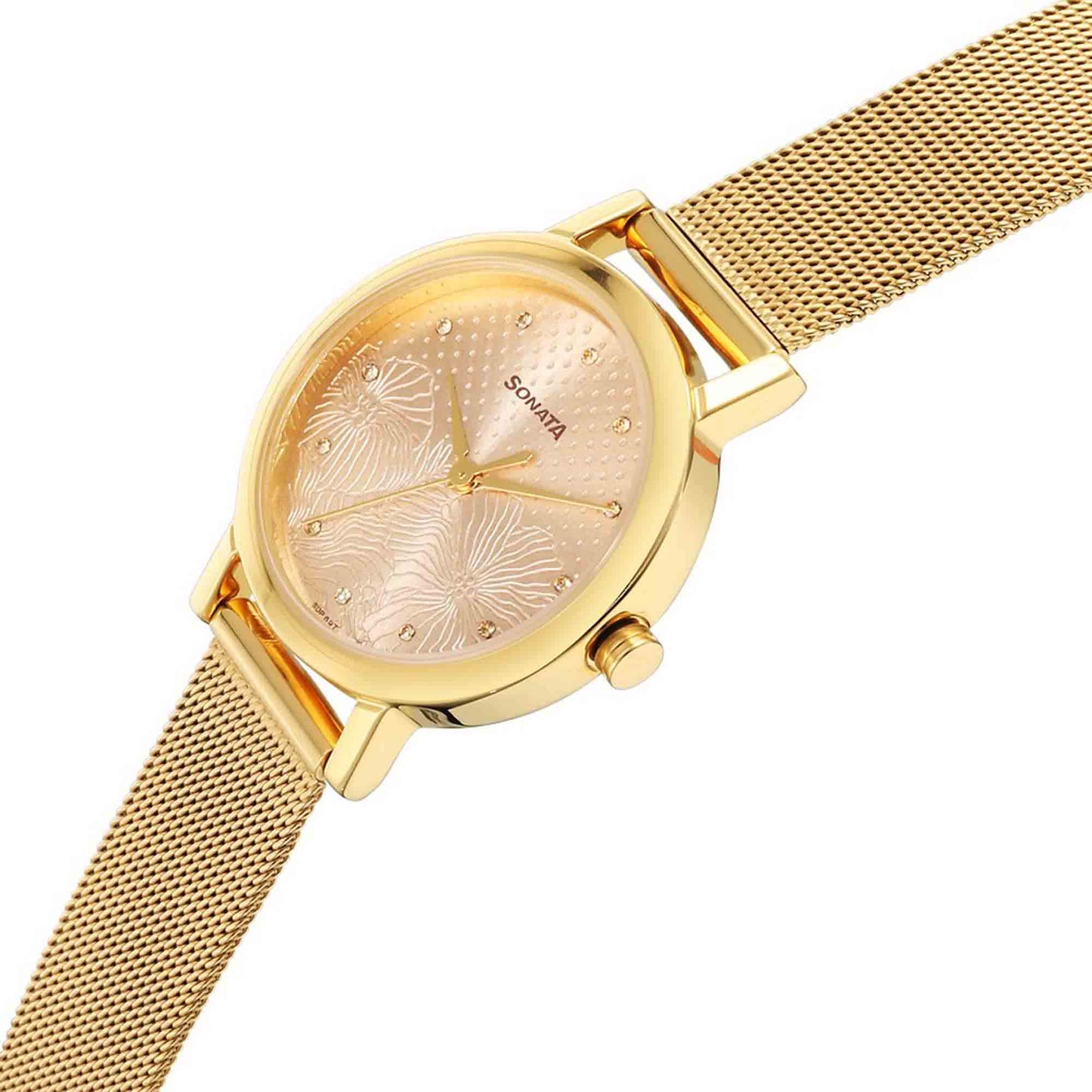 Sonata Quartz Analog Rose Gold Stainless Steel Strap for Women