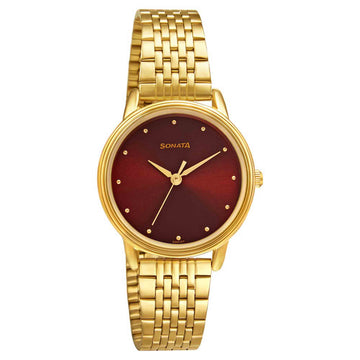 Gold Edit With Maroon Dial Stainless Steel Strap Watch