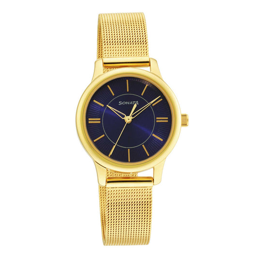 Classic Gold Blue Dial Metal Strap Watch for Women