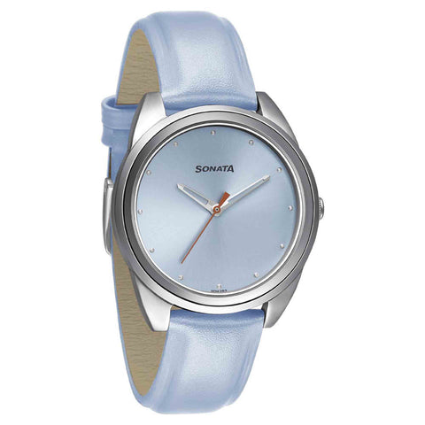 Sonata Women of Steel Blue Dial Leather Strap Watch for Women