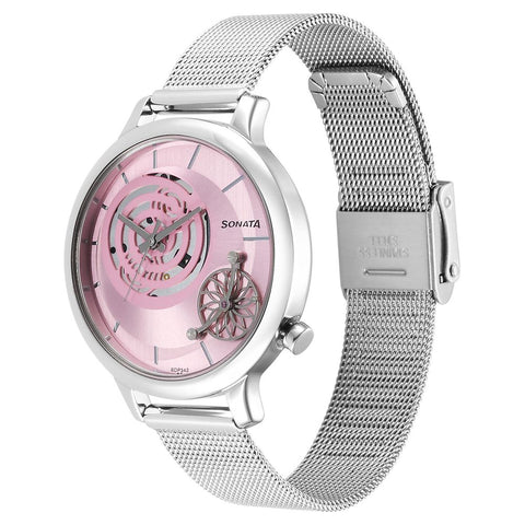 Sonata Unveil Quartz Analog Pink Dial Stainless Steel Strap Watch for Women