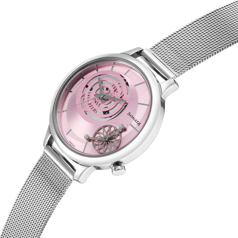 Sonata Unveil Quartz Analog Pink Dial Stainless Steel Strap Watch for Women