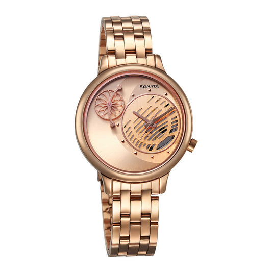 Sonata Unveil Quartz Analog Rose Gold Dial Metal Strap Watch for Women 8190WM01
