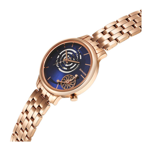 Sonata Unveil Quartz Analog Blue Dial Metal Strap Watch for Women 8190WM03