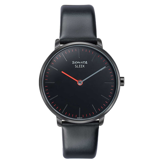 Sonata Sleek Quartz Analog Black Dial Black Leather Strap Watch for Women