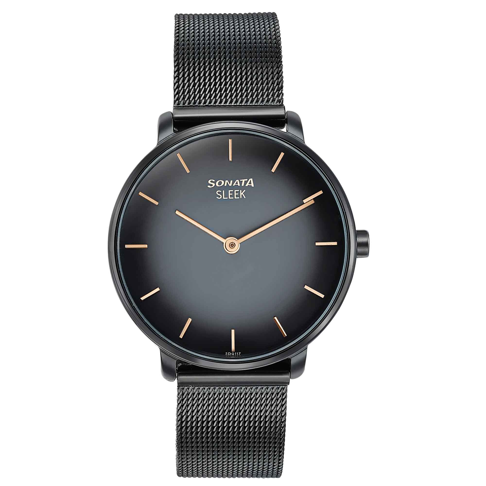 Sonata Sleek Quartz Analog Black Dial Black Stainless Steel Strap Watch for Women