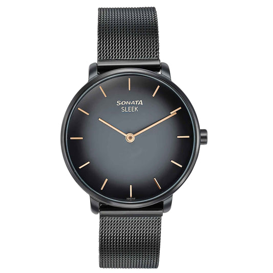 Sonata Sleek Quartz Analog Black Dial Black Stainless Steel Strap Watch for Women