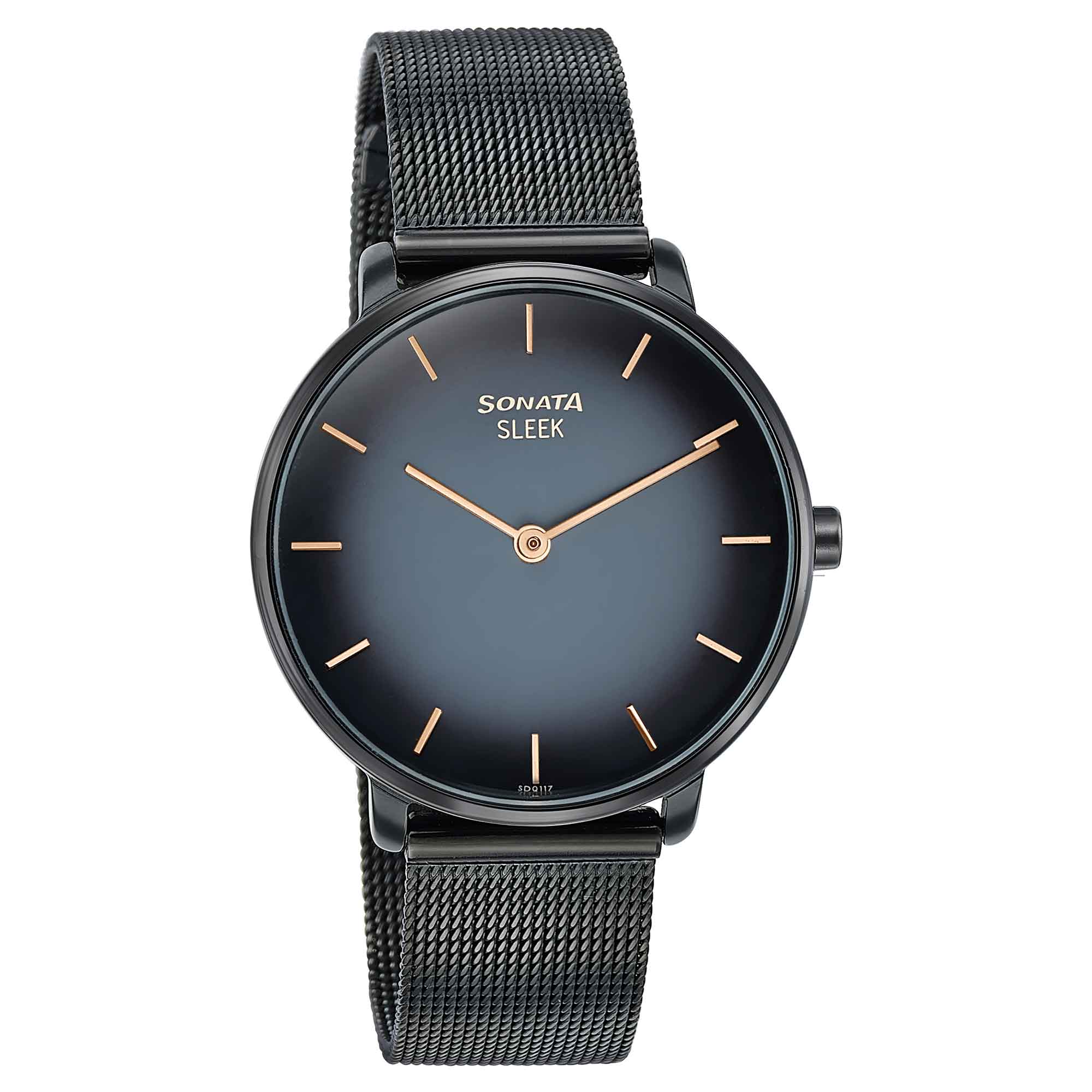 Sonata Sleek Quartz Analog Black Dial Black Stainless Steel Strap Watch for Women
